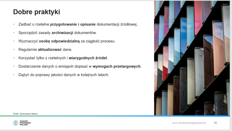 grafika przedstawiająca dobre praktyki sporządzania i opisywania danych o emisjach CO2